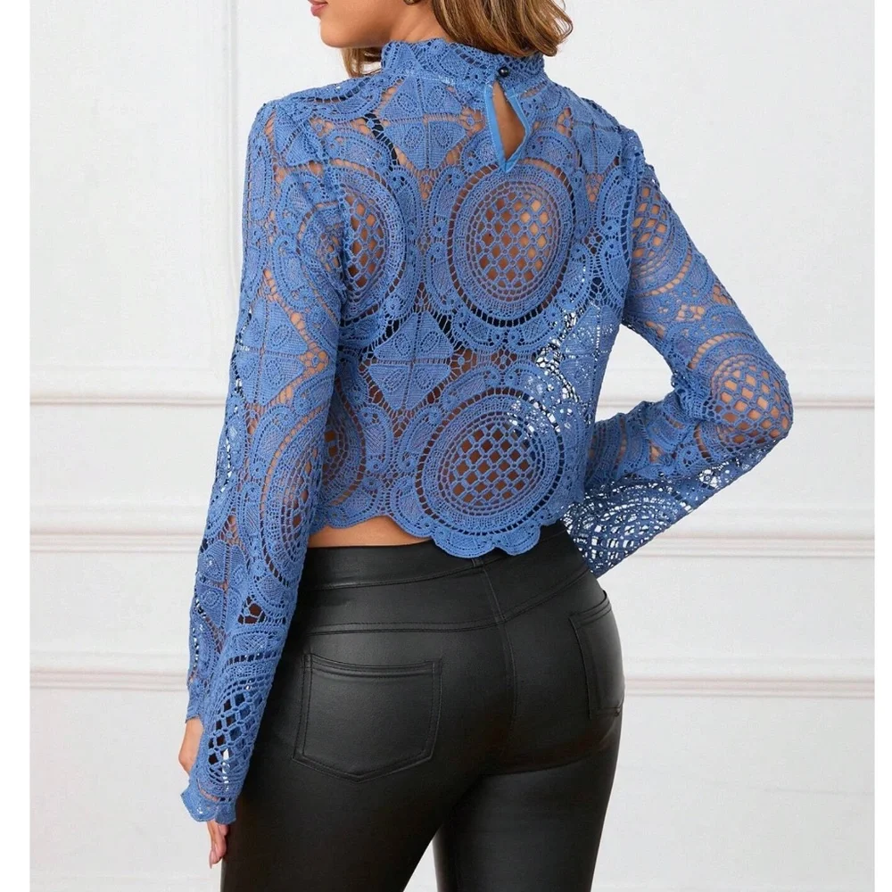 Luxe Sheer Mock neck Flared Long Sleeve Lace Blouse
